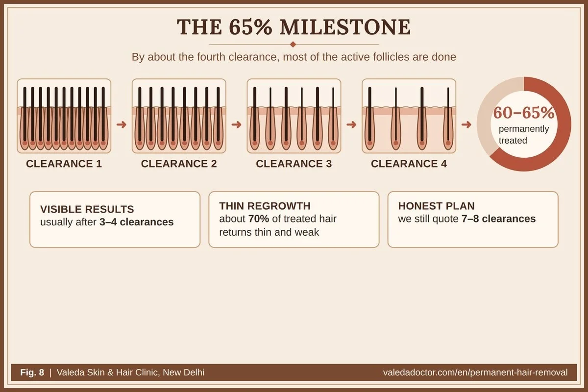 By the third to fourth clearance about 60 to 65 percent of the active follicles are permanently treated and visible results appear; 70 percent of treated hair returns thin