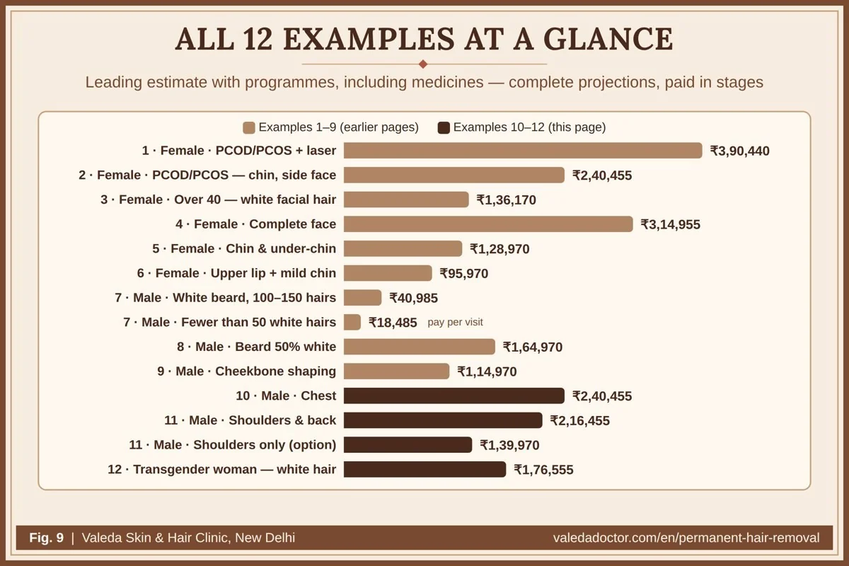 Budgets at a glance for all twelve examples of Section 9, with programme totals and card-rate totals