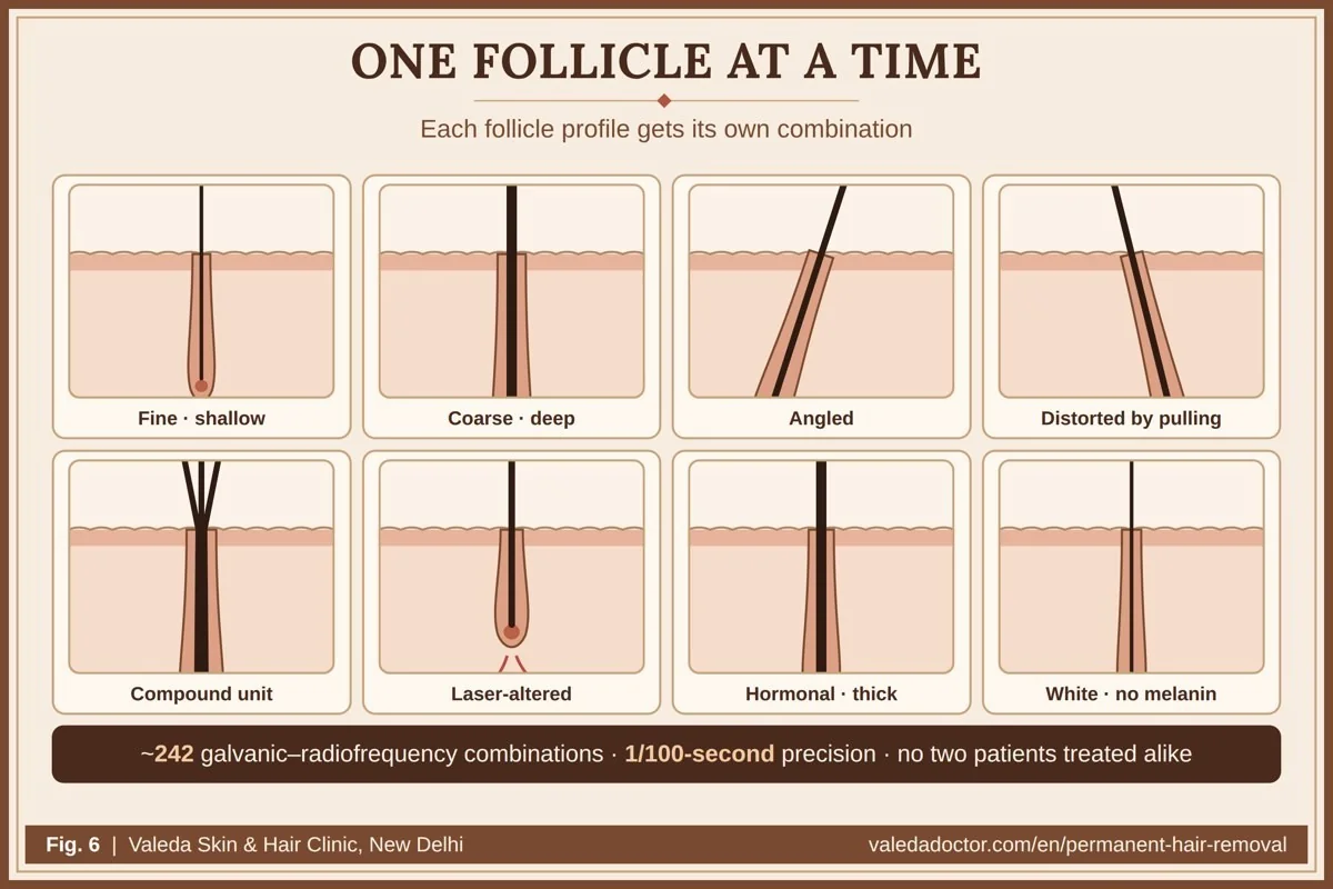One follicle at a time: about 242 galvanic–radiofrequency combinations are matched to different follicle profiles, so no two patients receive exactly the same treatment