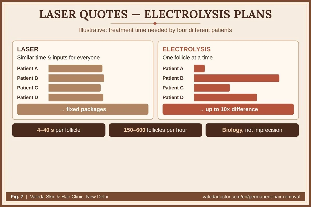 Why laser clinics can quote a fixed package but electrolysis cannot: laser inputs are similar for everyone, while electrolysis varies up to ten-fold between patients — 4 to 40 seconds per follicle and 150 to 600 follicles per hour