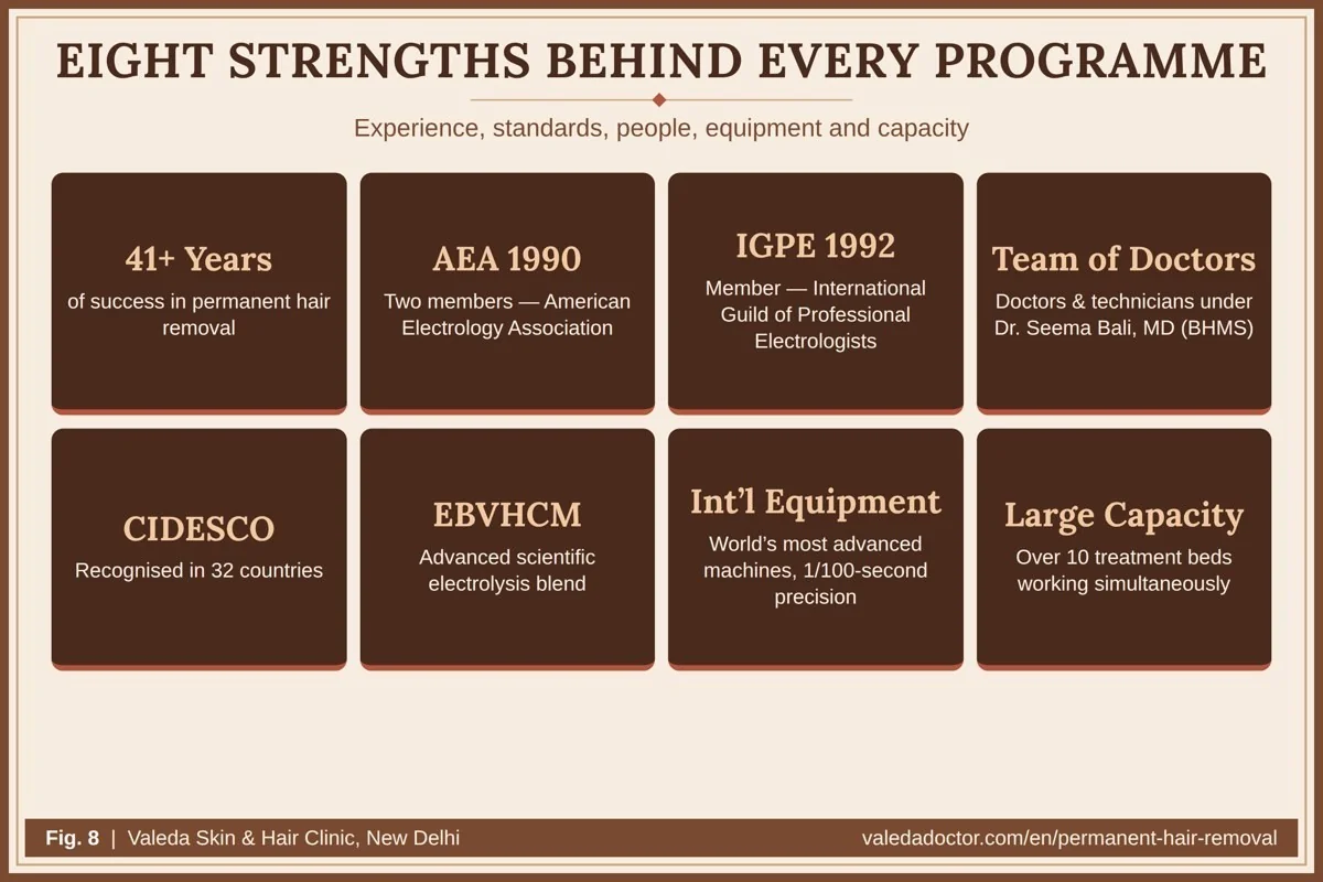Valeda's strengths: 41+ years, AEA 1990, IGPE 1992, a team of doctors and technicians under Dr. Seema Bali, CIDESCO standards, EBVHCM, international equipment with 1/100-second precision, and over 10 treatment beds