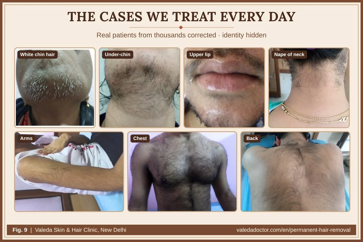 Real patient photographs of the cases treated every day at Valeda: white chin hair, upper lip, under-chin, nape, arms, chest and back