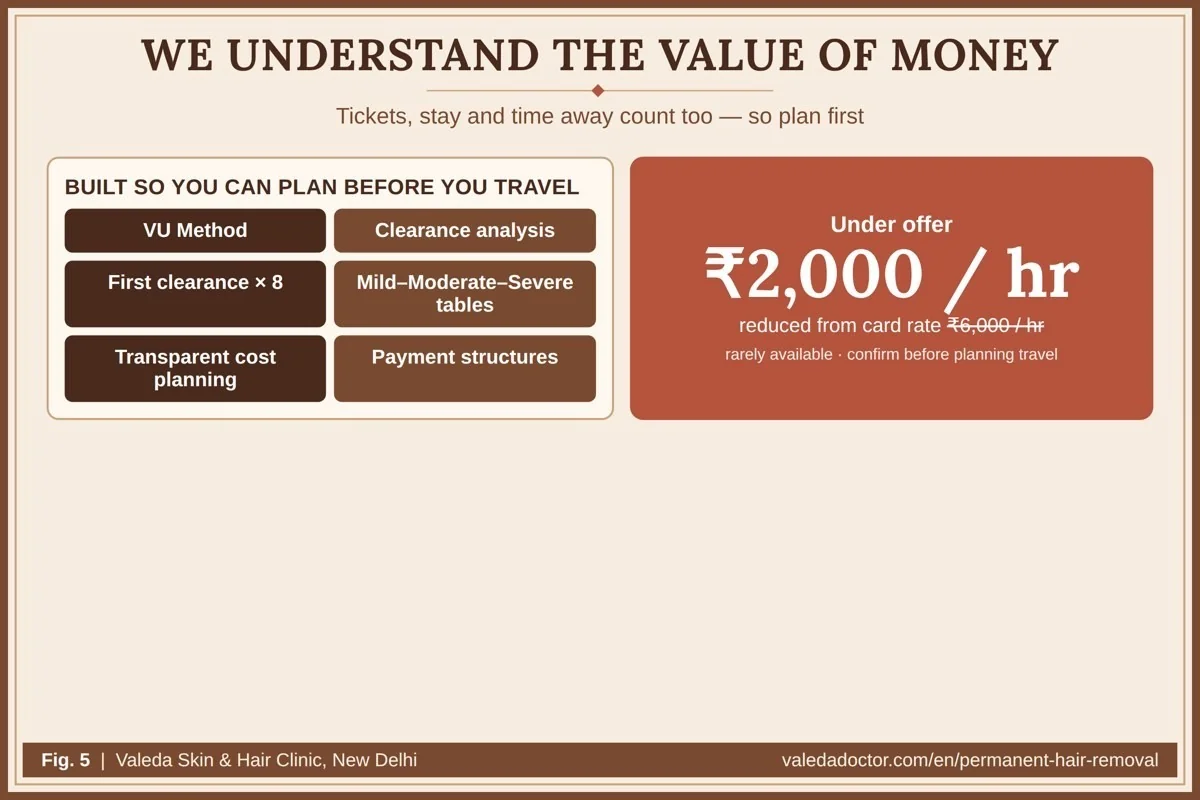 Planning tools built so patients can budget realistically: the VU method, clearance analysis, first clearance × 8, mild–moderate–severe tables, transparent costs and payment structures — with ₹2,000 per hour under offer instead of the ₹6,000 card rate
