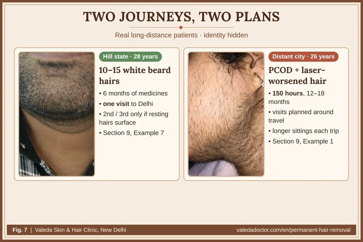 Two real long-distance patients: a young man from a hill state with a few white beard hairs, cleared in a single visit, and a woman from a distant city with PCOD and laser-worsened hair on a 150-hour programme